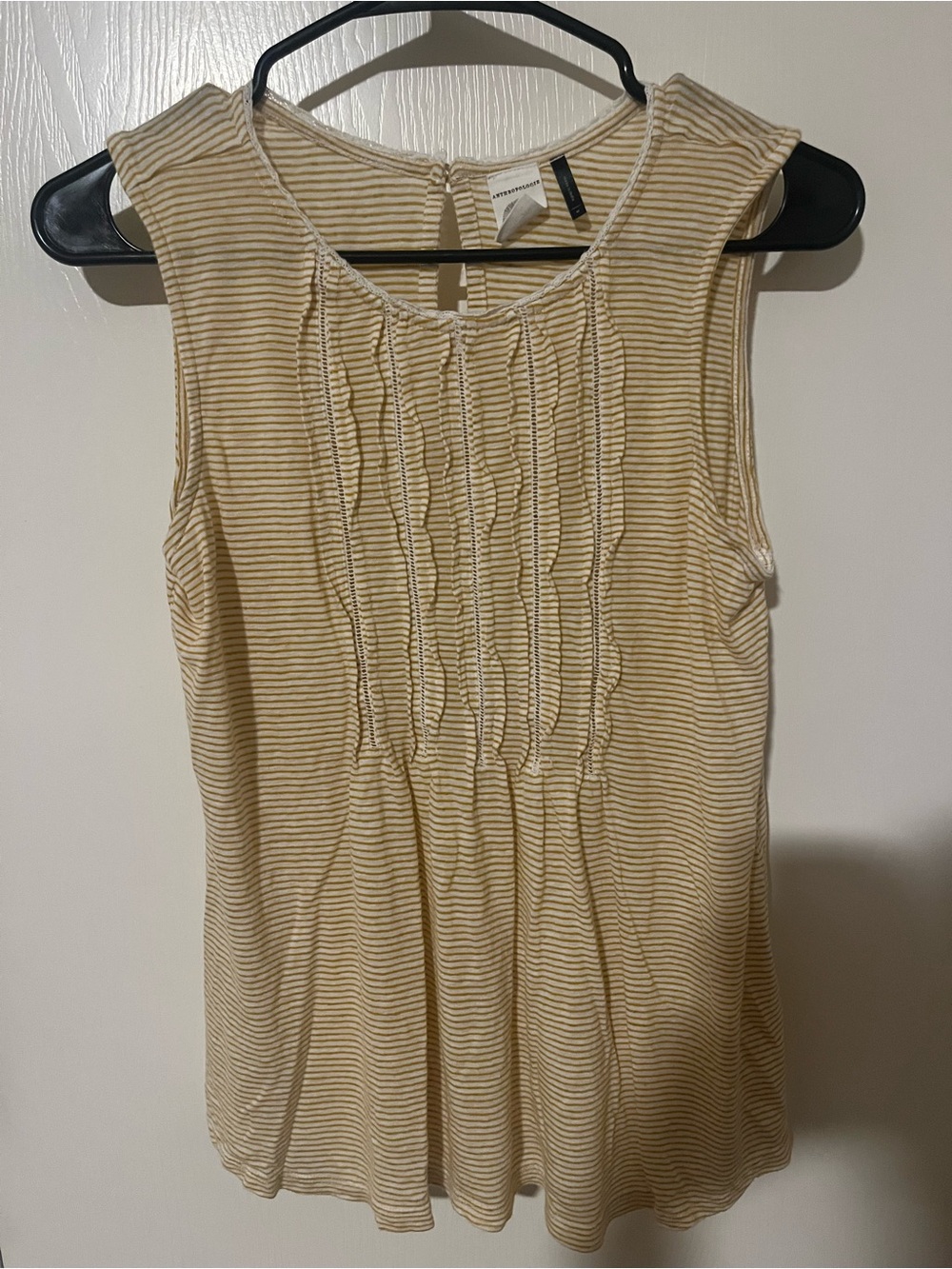 Anthropologie Cream and Tan Striped Pintuck Sleeveless Camisole